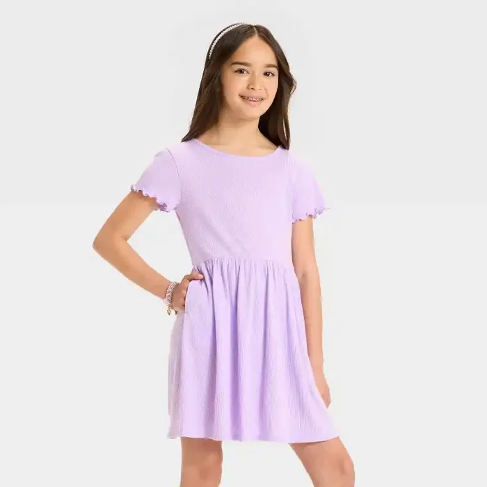 Girls‘ Short Sleeve Ribbed Dress – Cat & Jack™ Lavender XL