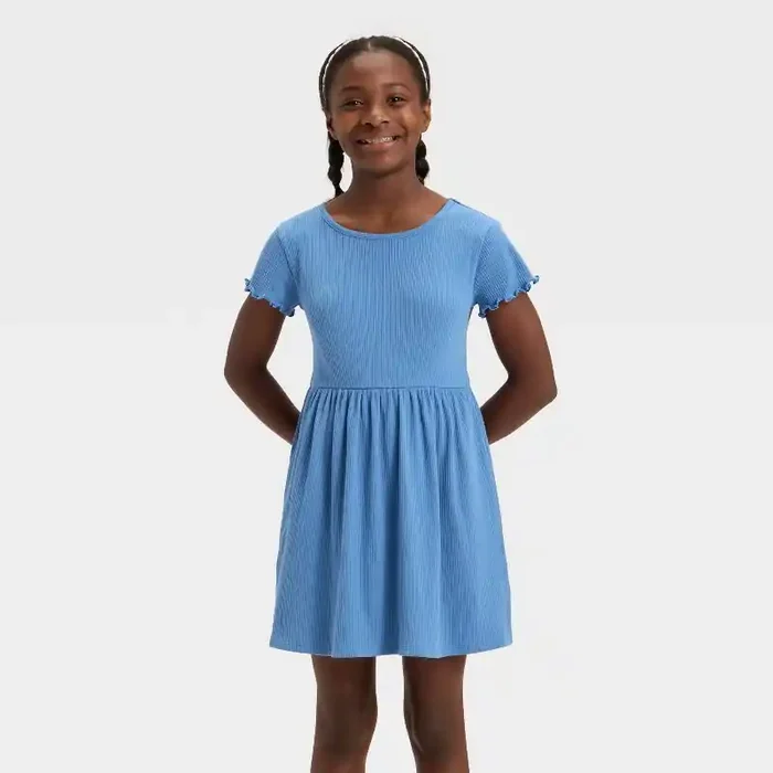 Girls‘ Short Sleeve Ribbed Dress – Cat & Jack™ Steel Blue XS
