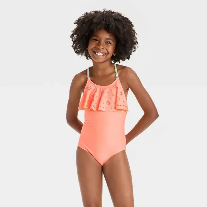 Girls‘ Sunny Palm Tree One Piece Swimsuit – Cat & Jack™ Orange XL