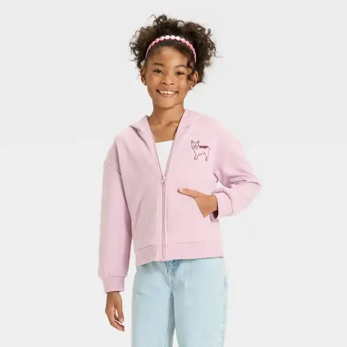 Girls‘ Zip-Up Dogs Fleece Hooded Sweatshirt – Cat & Jack™ Lavender XS