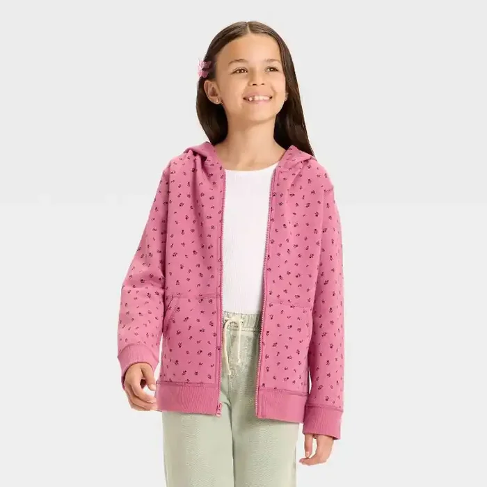 Girls‘ Zip-Up Floral Fleece Hooded Sweatshirt – Cat & Jack™ Pink Rose M