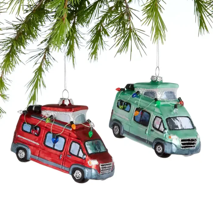 Glass Camper Van Ornaments Set of 2