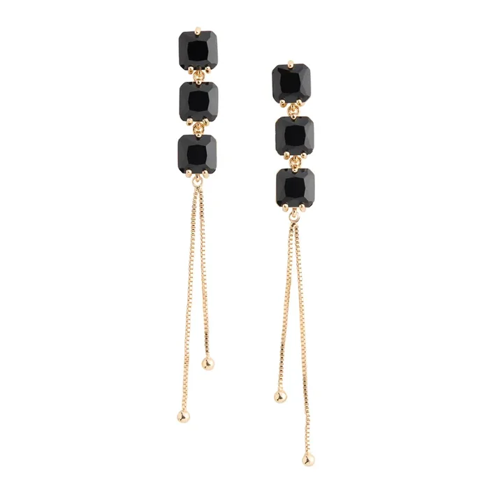 Gold and Black Glass Chain Dangle Earrings