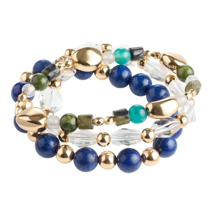 Gold and Faux Blue Lapis Beaded Stretch Bracelets 3 Pack