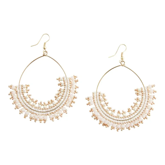 Gold And Faux Pearl Beaded Hoop Drop Earrings