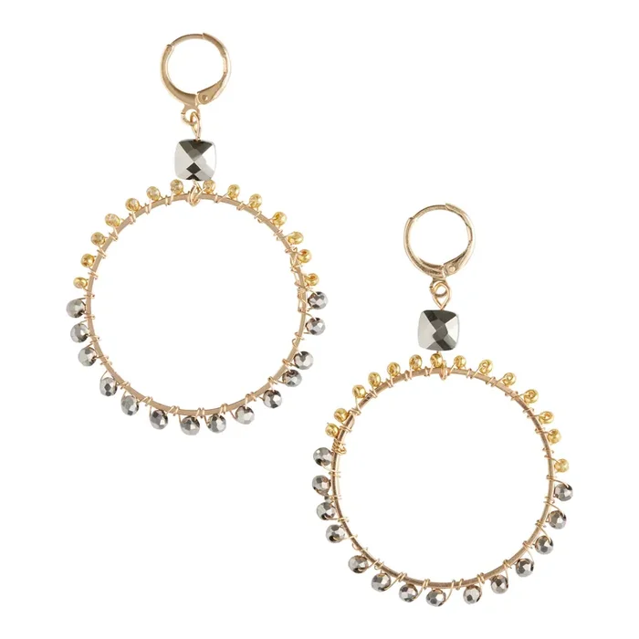 Gold And Gray Faux Hematite Beaded Drop Hoop Earrings