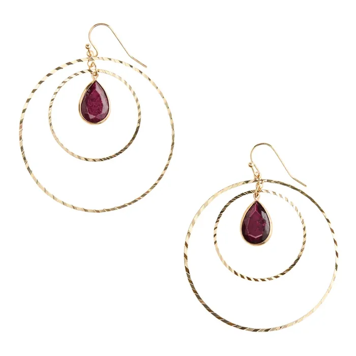 Gold and Maroon Crackle Glass Double Hoop Drop Earrings