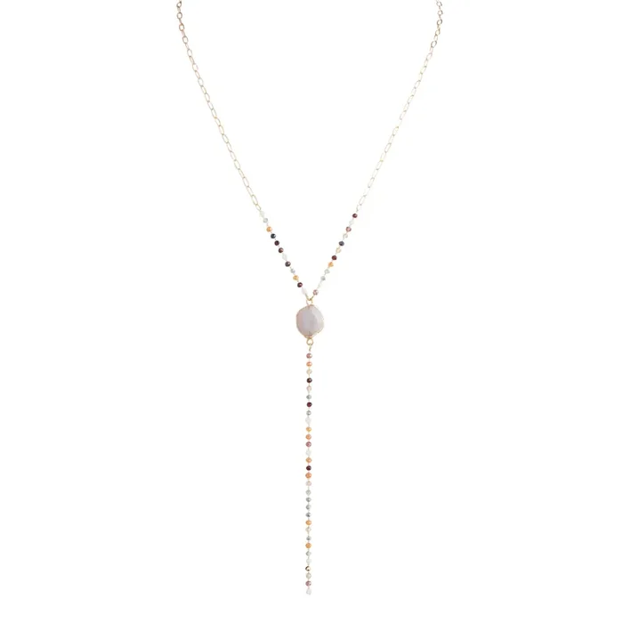 Gold And Pink Semiprecious Agate Beaded Lariat Necklace
