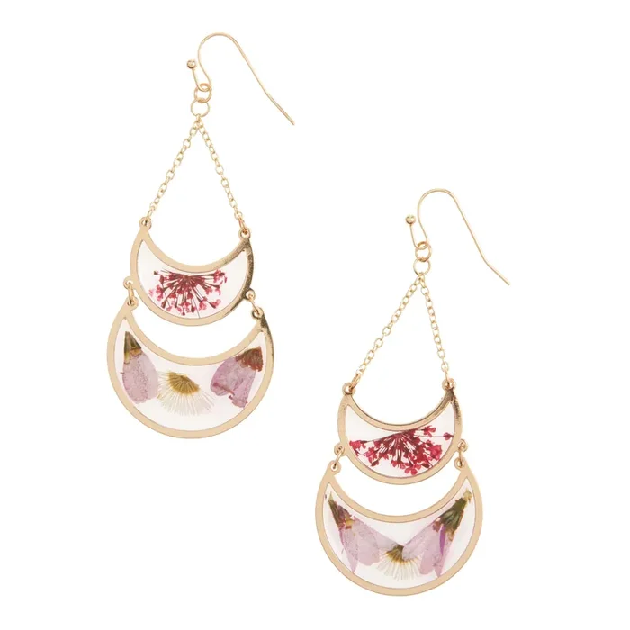 Gold And Purple Pressed Flower 2 Tier Drop Earrings