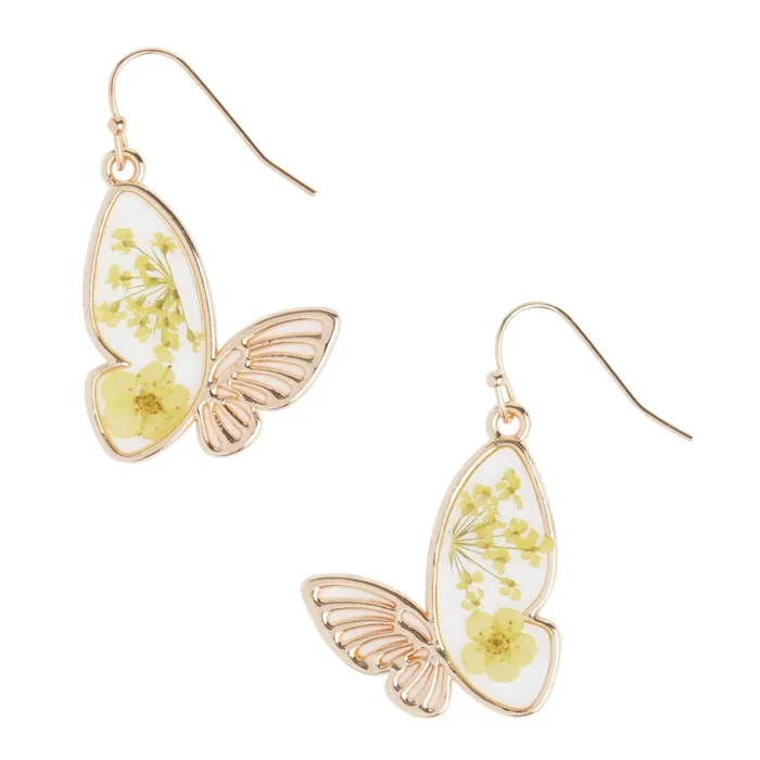Gold And Yellow Dried Flower Butterfly Drop Earrings