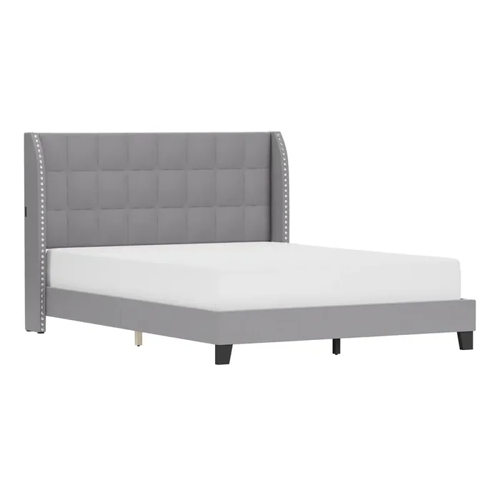 Hanford Gray Wingback Upholstered Platform Bed With USB Port