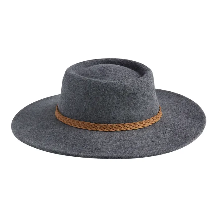 Heathered Gray Wool Flat Top Hat With Braided Trim
