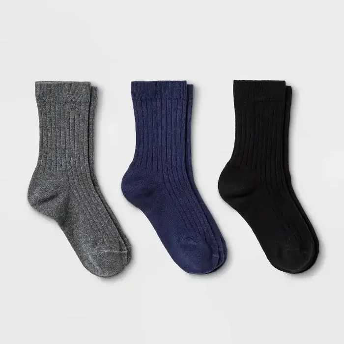 Kids‘ 3pk Dress Socks – Cat & Jack™ Gray/Black/Navy Blue M Crew Height, Flat Seams
