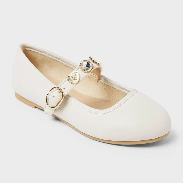 Kids‘ Marla Charm Ballet Flats – Cat & Jack™ Ivory 2 Adjustable Buckle Strap, Studded Design, Closed Round Toe, Medium Width