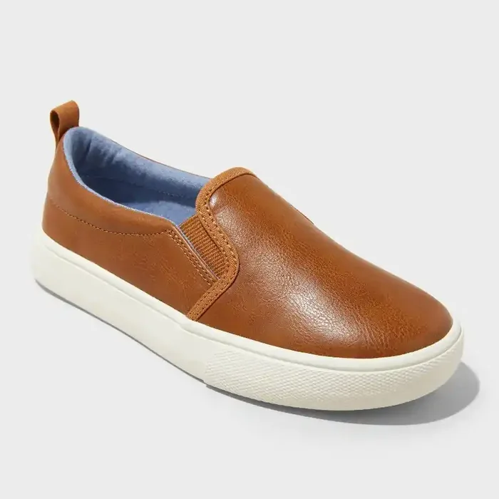 Kids‘ Rune Slip-On Sneakers – Cat & Jack™ Cognac 6 Faux Leather, Non-Marking Sole, Closed Round Toe