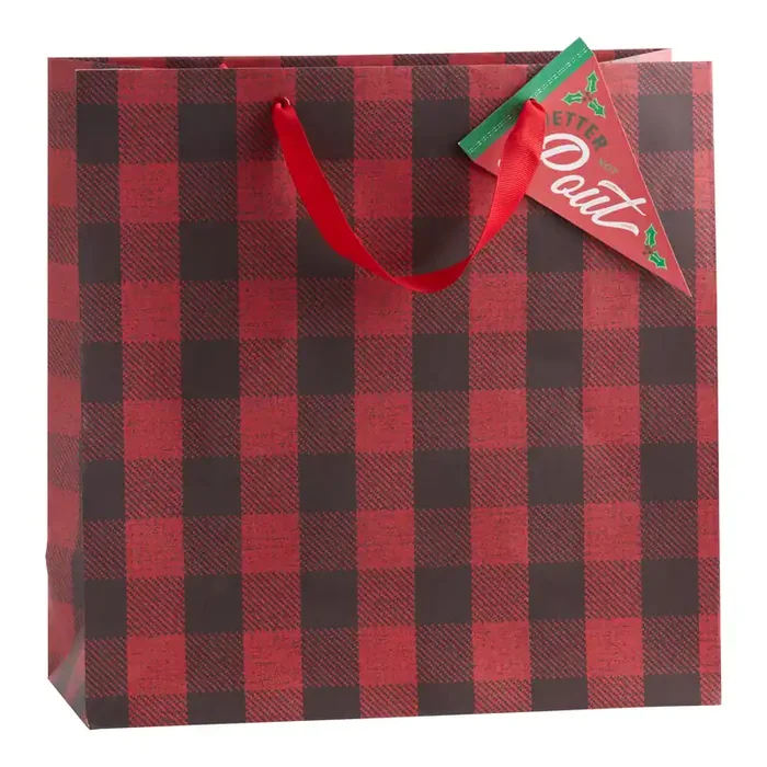 Large Red and Black Camp Christmas Plaid Holiday Gift Bag