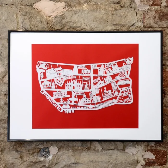 Lasercut A2 Edinburgh Old Town Map – White on Red