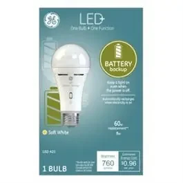 LED+ Battery Back Up Bulb, A21, 760 Lumens, 8-Watt