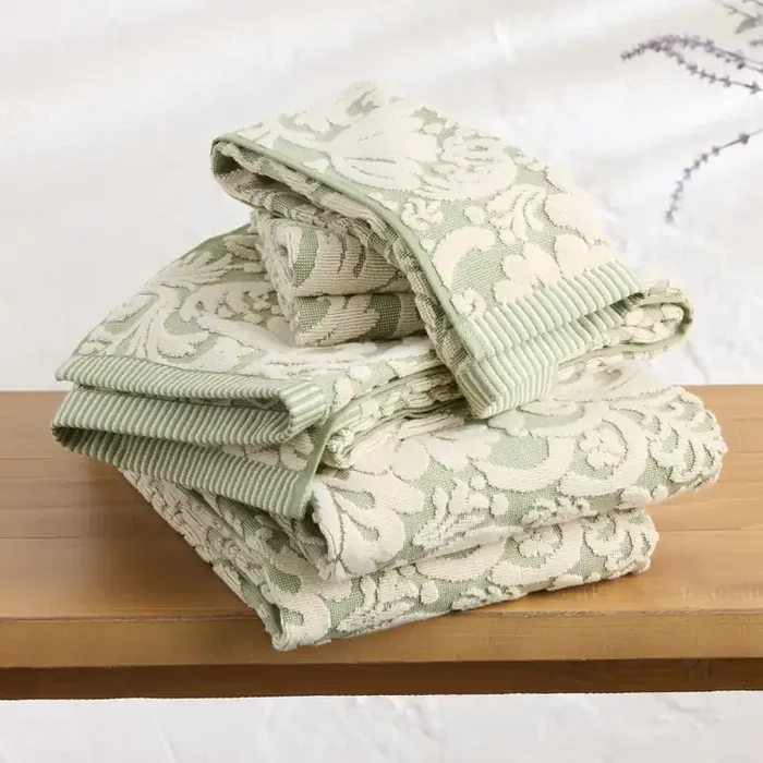 Moira Laurel Green and Ivory Sculpted Floral Towel Collection