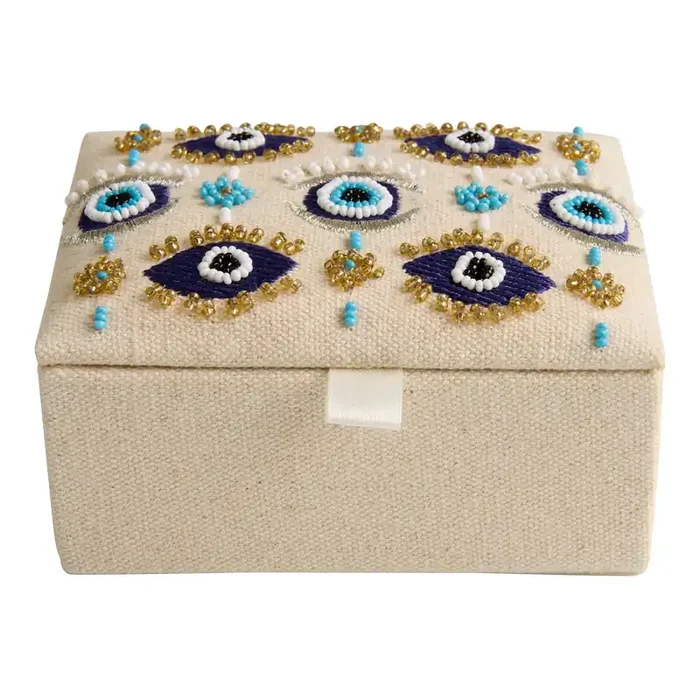 Natural Canvas Evil Eye Beaded Jewelry Box
