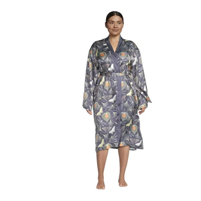Navy Blue Satin Gingko Leaf Butterfly Robe