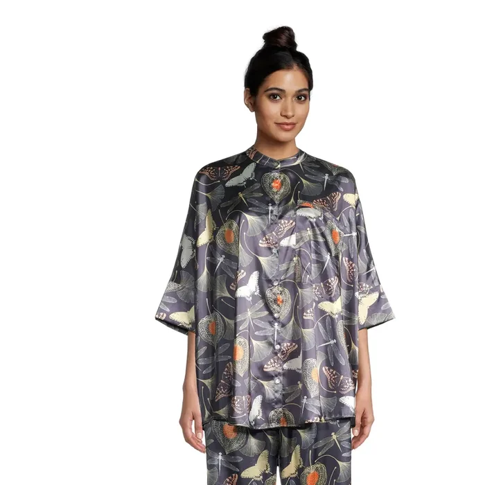 Navy Blue Satin Gingko Leaf Pajama Top