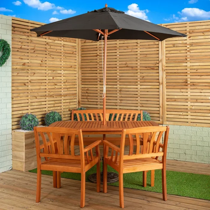 Outdoor 4 Person Rectangular Wooden Garden Dining Table Chairs & Bench with Black Parasol & Base Furniture Set