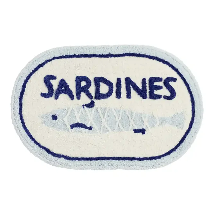 Oval Blue and Ivory Sardine Can Bath Mat