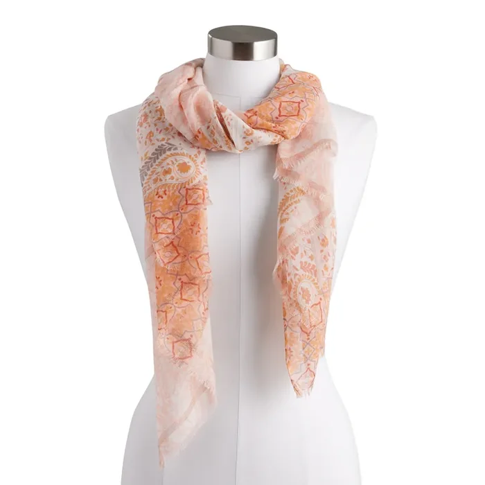 Peach And Pink Recycled Yarn Paisley Scarf