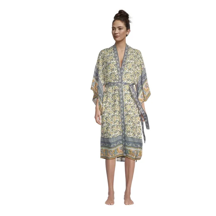 Percy Blue and Yellow Satin Jaipur Floral Kimono Robe