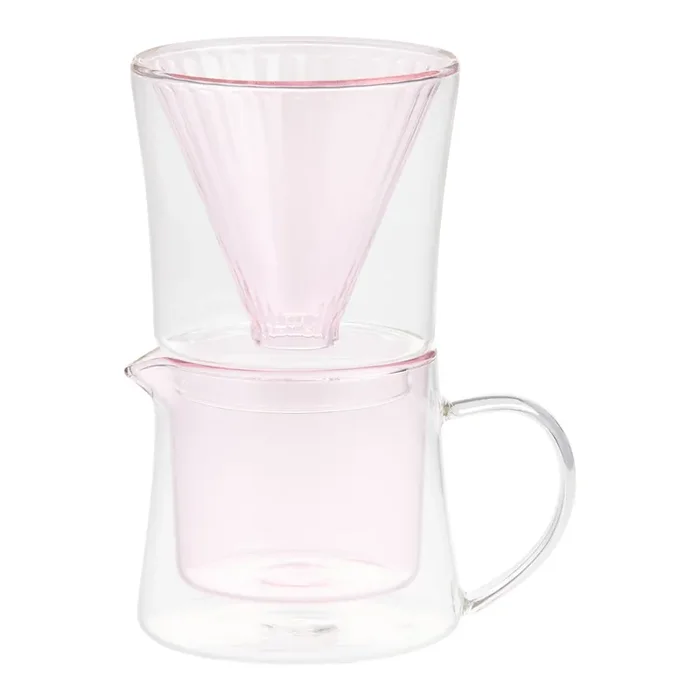 Pink and Clear Glass Double Wall Pour Over Coffee Maker Set