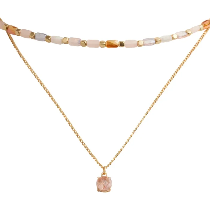 Pink And Gold Crackle Glass Beaded Shorty Necklace 2 Pack
