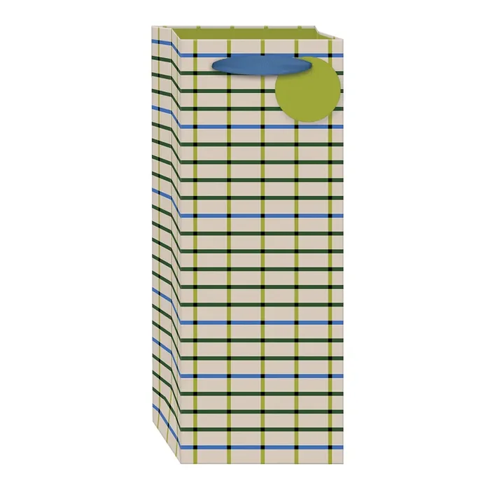 Punch Studio Navy, Ivory, and Green Plaid Wine Bag