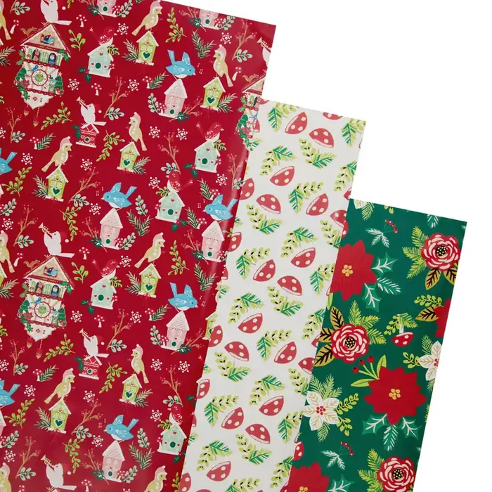 Red Birds And Mushrooms Holiday Wrapping Paper Rolls 3 Pack