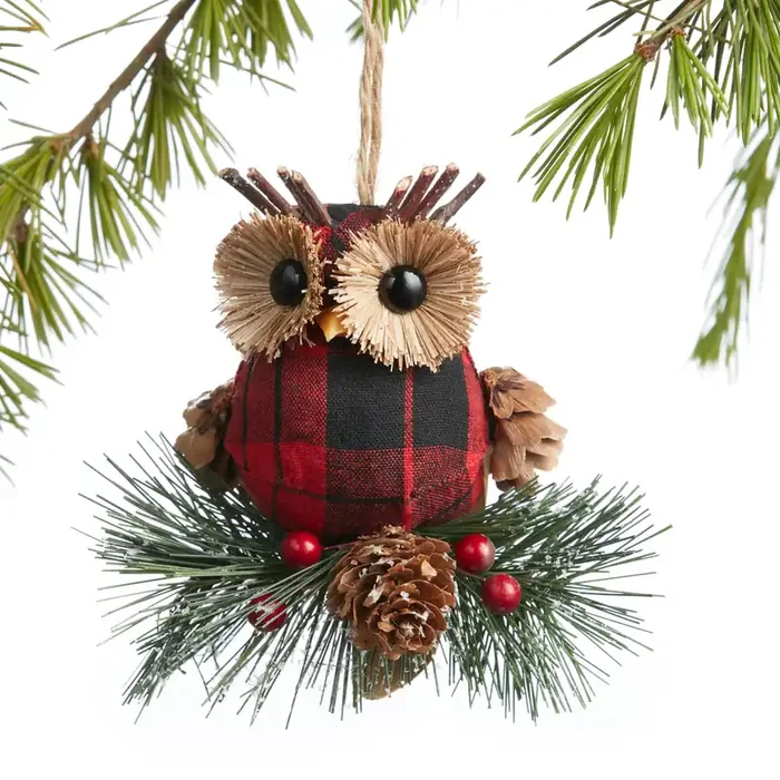 Red Plaid Natural Fiber Owl Ornament