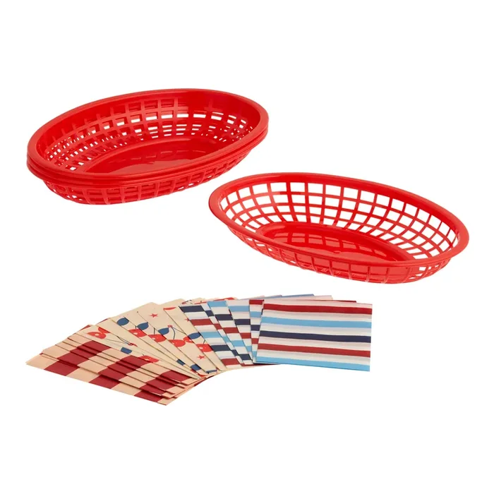 Red Retro Outdoor BBQ Burger Baskets with Liners 4 Pack