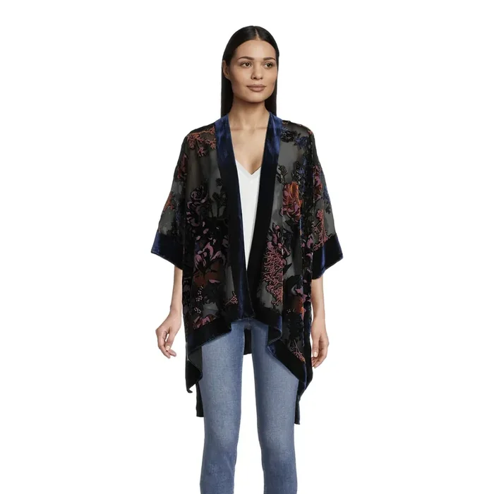 Reese Blue, Red And Pink Velvet Floral Burnout Kimono