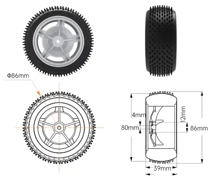 ROS Robot Universal Wheel, Smart Car Tire (86mm Off-Road Rubber Wheel)