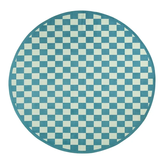 Round Blue and White Checkerboard Cotton Picnic Blanket