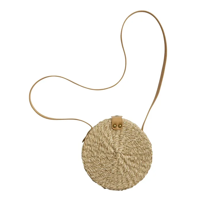 Round Natural Straw And Faux Leather Crossbody Bag