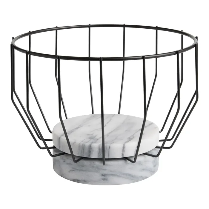 Round White Marble Base and Black Wire Fruit Basket