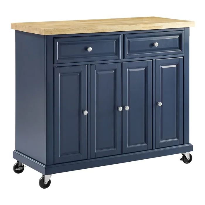 Ruta Navy Wood and Butcher Block Kitchen Island