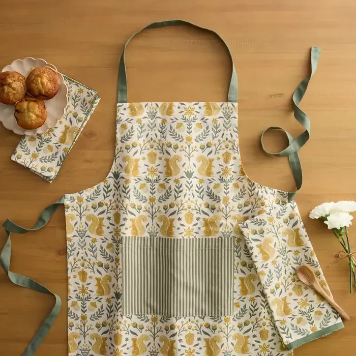 Sage Green and Marigold Scandi Squirrel Kitchen Linen Collection