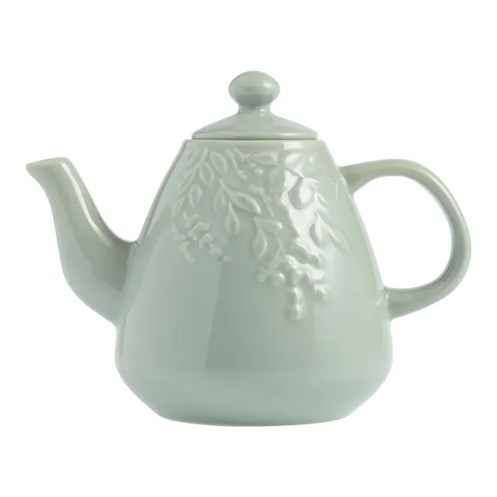 Sage Green Ceramic Botanical Embossed Teapot