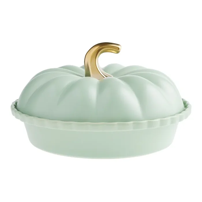 Sage Green Ceramic Pumpkin Shaped Deep Pie Dish with Lid