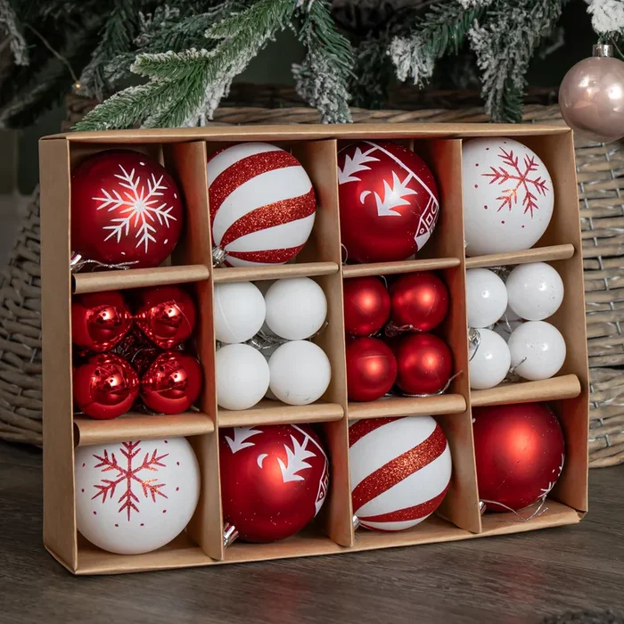 Set of 40 Red and White Shatterproof Christmas Tree Baubles with 2 Assorted Sizes