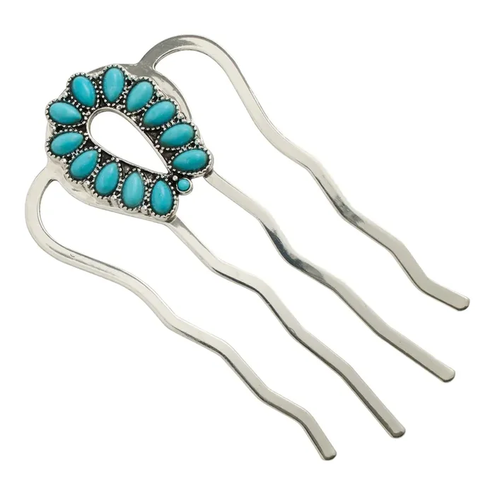 Silver Metal and Semiprecious Turquoise Pronged Bun Pin