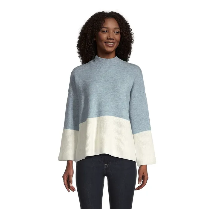 Sky Blue and White Color Block Mock Neck Lounge Sweater