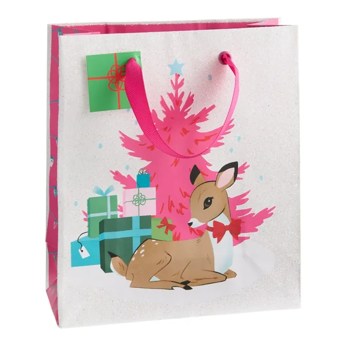 Small Silver and Pink Deer Holiday Gift Bag