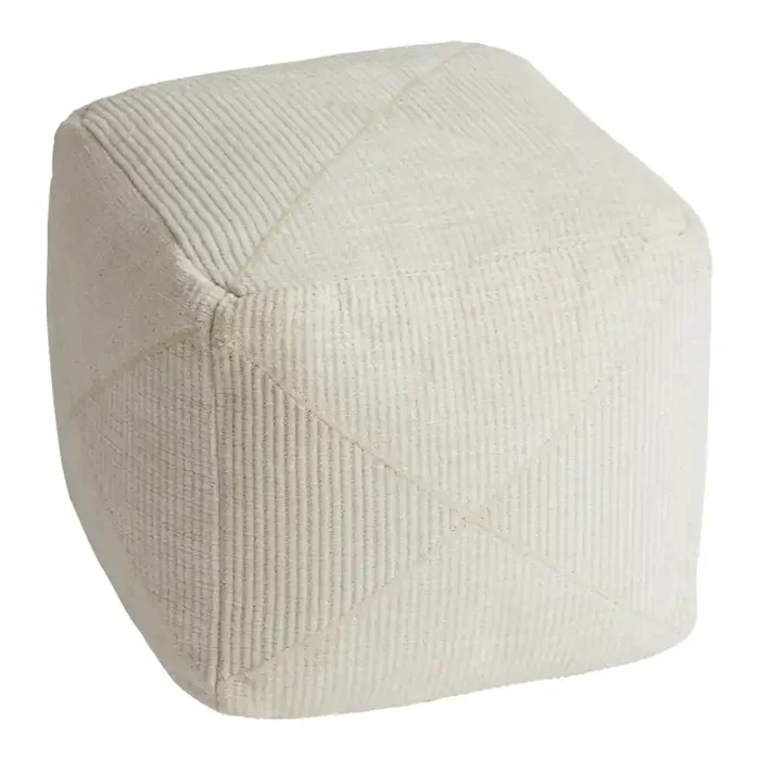 Square Ivory Plush Textured Pouf